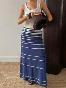 BizChic Chân váy mùa xuân/hè mới, màu xanh lam, họa tiết sọc gradient bất đối xứng, eo chun điều chỉnh được, chống xù lông, chất liệu sợi tơ tằm thoáng mát, đa năng cho mùa hè. - Màu xanh hải quân - Xem 5