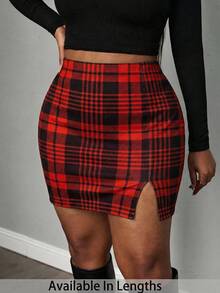 SHEIN PETITE CURVE 加大码格纹开衩修身半身裙 - 酒紅色 - 查看 1