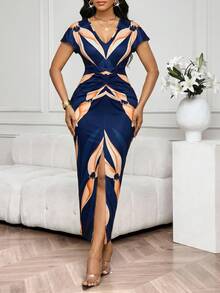SHEIN Lady Đầm ngắn tay cổ chữ V đơn giản, thời trang cho mùa hè, đầm lễ Phục sinh cho nữ, đầm công sở, đầm thường ngày, đầm đi nghỉ mát, đầm phong cách Boho. - Màu xanh hải quân - Xem 4