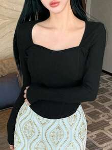 FRIFUL Women's Square Neck Fitted Long Sleeve Basic Solid Tee - Black - View 7