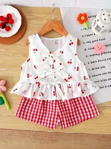 2件套女童樱桃衬衫背心+红色格子宽松短裤，休闲日常时尚百搭套装，适合外出、聚会、与姐妹搭配 - 紅色 - 查看 5