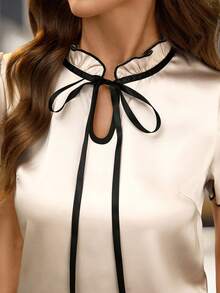 Editum 嘉年华服装，修身女士撞色短袖衬衫，夏季教师白色衬衫，乡村夏季 - 杏色 - 查看 6