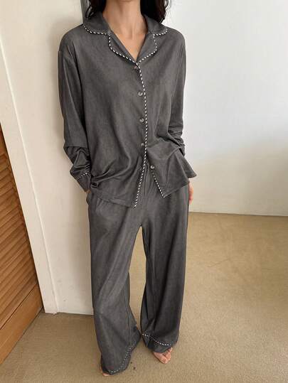 DAZY Women's Simple Knit Contrast Stripe Decor Pajama Set