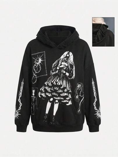 ROMWE Gothic Witch Weapon Print Patchwork Ruffle Trim Sweatshirt Sweatshirt For Women