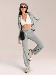 GLOWMODE CloudKnit City Chill 修身侧袋弹性袖口拉链连帽夹克，日常休闲街头风 - 灰色 - 查看 6