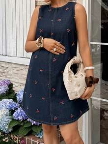 SHEIN Maternity Cherry Pattern Round Neck Sleeveless Casual Loose Denim Dress Spring To Summer Carnival Costume Commuting Vacation Graduation Chic Y2k Cute Streetwear Party Wedding Elegant Business Casual Woman Delightful Dark Wash Denim Dress With Cherry Embroidery Sleeveless Round Neck Casual Mini A-Line Style Blue - Blue - View 3
