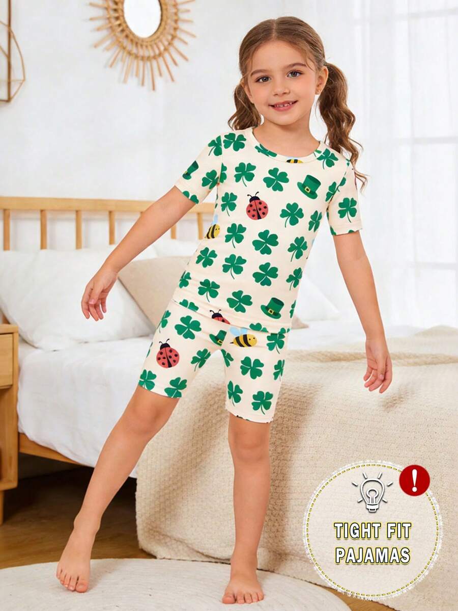 1 Set de pijama ajustado para niñas, estampado de trébol, abeja de dibujos animados y animal en primavera/verano, con top de manga corta y pantalones cortos de punto para uso en casa - Albaricoque - Ver 1