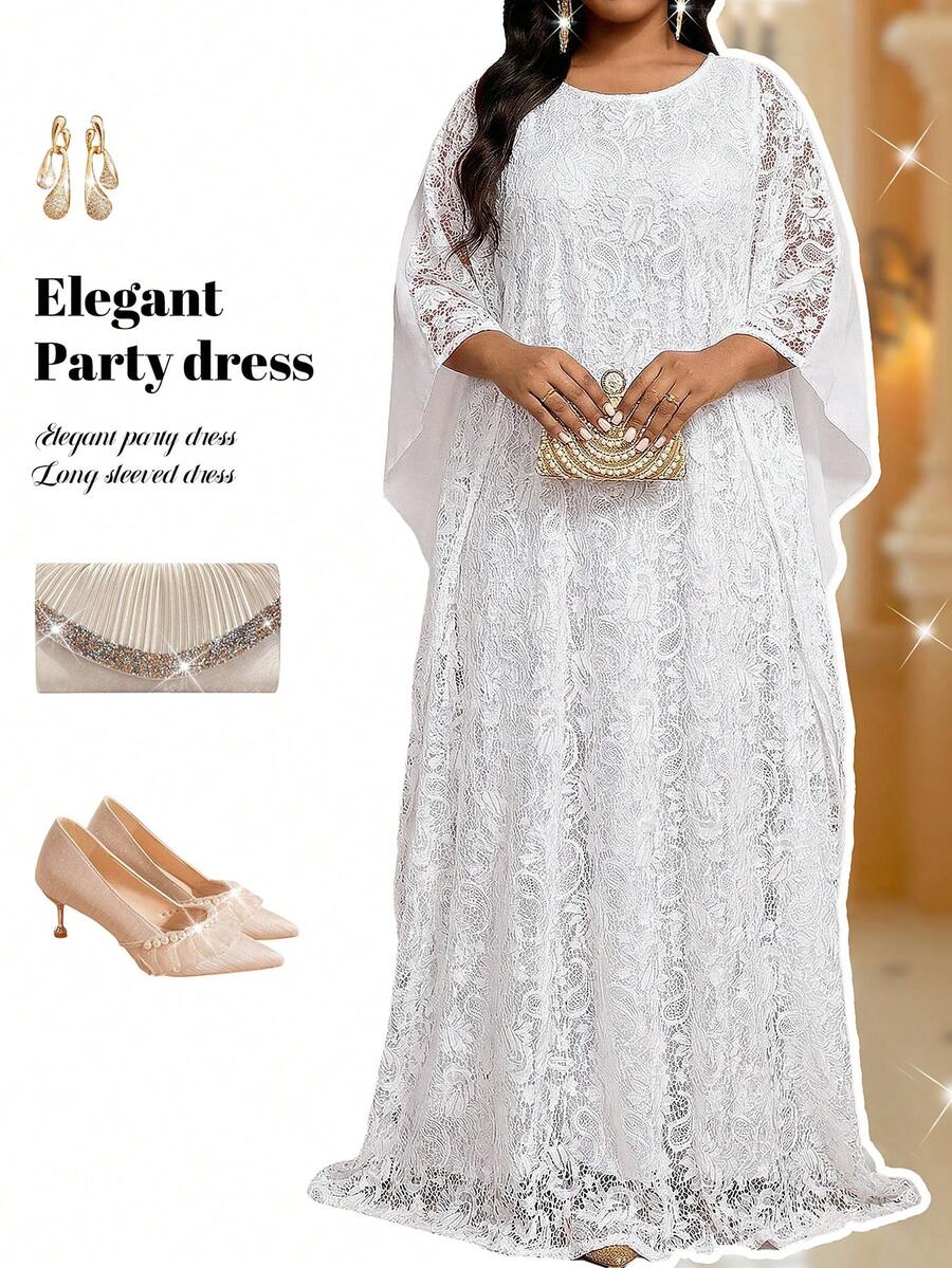 Fleurora 大码女式宽松腰果蕾丝蝙蝠袖优雅连衣裙