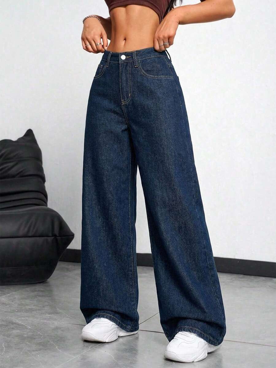 EURMUSE 娇小女式休闲宽松阔腿蓝色牛仔裤,复古牛仔裤,海军蓝牛仔裤,秋季女装,冬季女裤,蓝色返校季牛仔裤,喇叭裤型女式牛仔裤 - 霧霾藍 - 查看 1