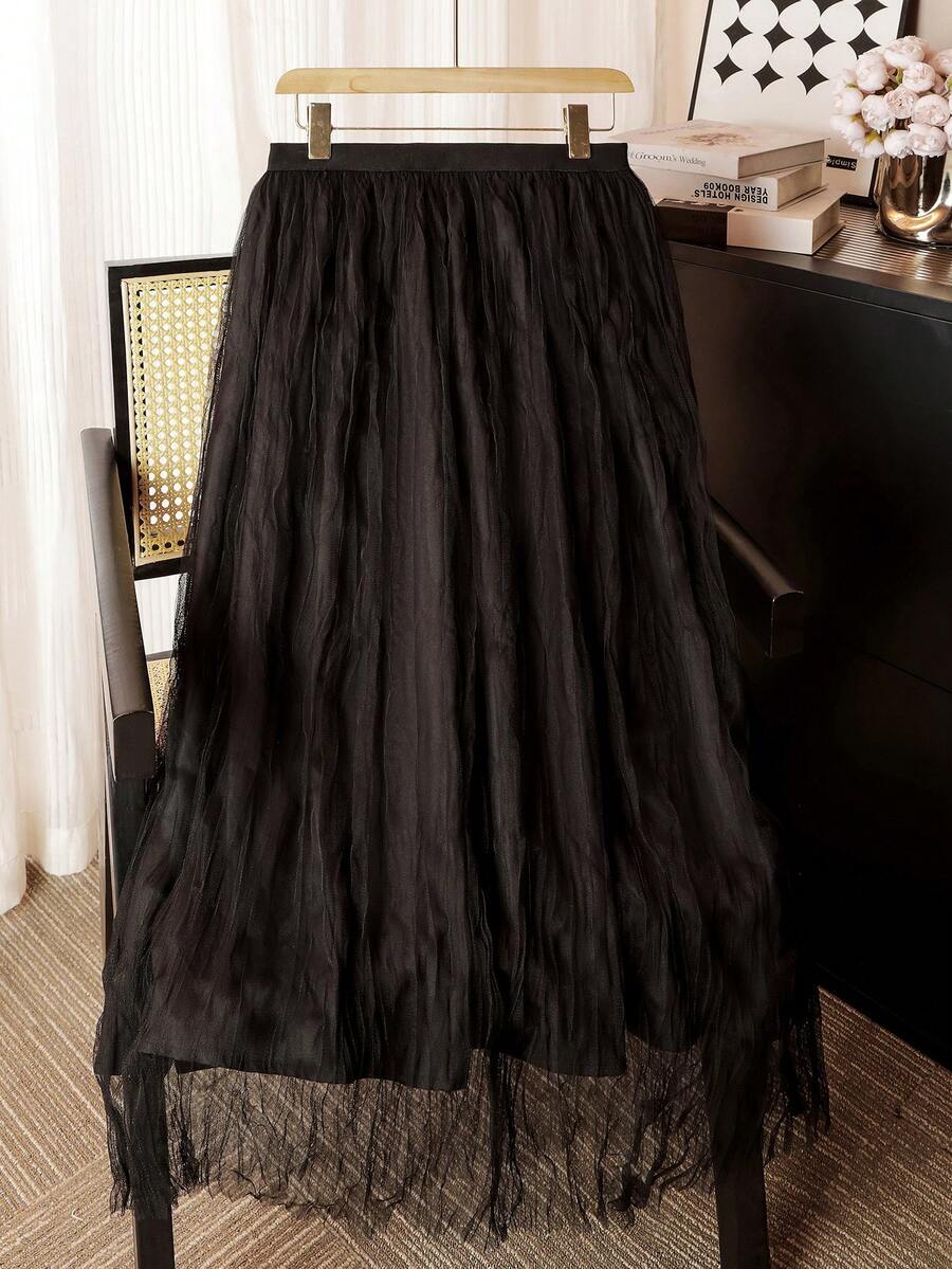 Modelyn Plus Size Women Pleated Elastic Waist Casual Skirt - Black - View 1