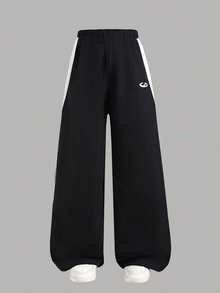 SHEIN Classic Casual Pants, Spring & Autumn, Double-Layer Waistband, Simple & Comfortable Sweatshirt Material, Suitable For Staying Home, Exercising, Can Be Paired With Various Tops To Showcase Youthful Vitality - Black and White - View 2