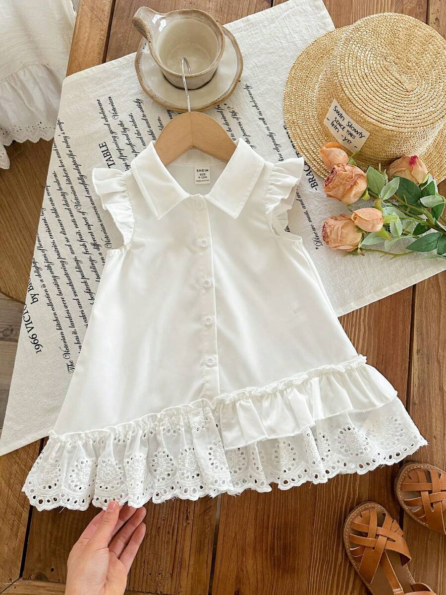 SHEIN Babygirl Cute Summer White Floral Embroidery Ruffle Collar Shirt Dress - White - View 1