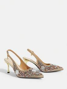 CUCCOO TILAWA 女士镶钻尖头高跟鞋，时尚踝带礼服鞋，适合派对和宴会穿着 - 金色 - 查看 3