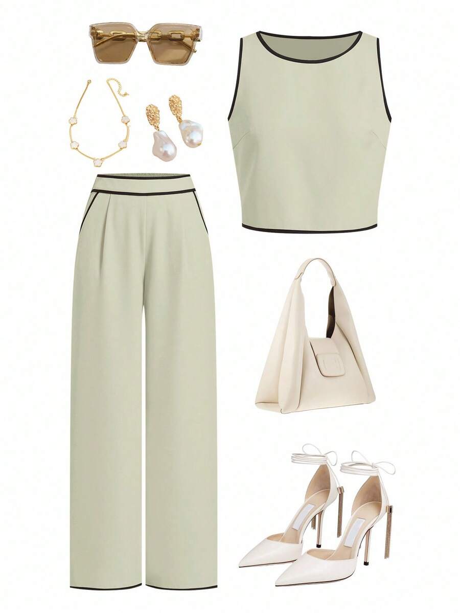 Ellevyn 2pcs Women Casual Contrast Trim Sleeveless Top And Pants Set - Mint Green - View 1