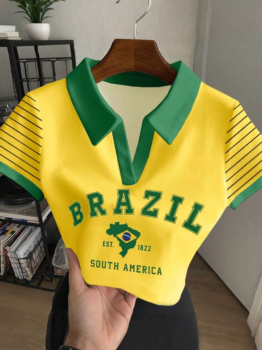 Rovax Women's Casual Letter Print Short Sleeve Top, Summer - Green - View 1