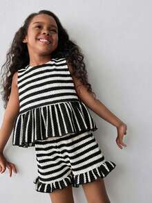 Maija Kids 2pcs/Set Young Girl Striped Vest And Shorts Set - Black and White - View 2