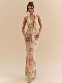 2026 Nuevo Vestido maxi elegante con cuello halter y escote profundo en V, de color amarillo crema, para mujer, para primavera/verano - Amarillo claro 2 - Ver 4