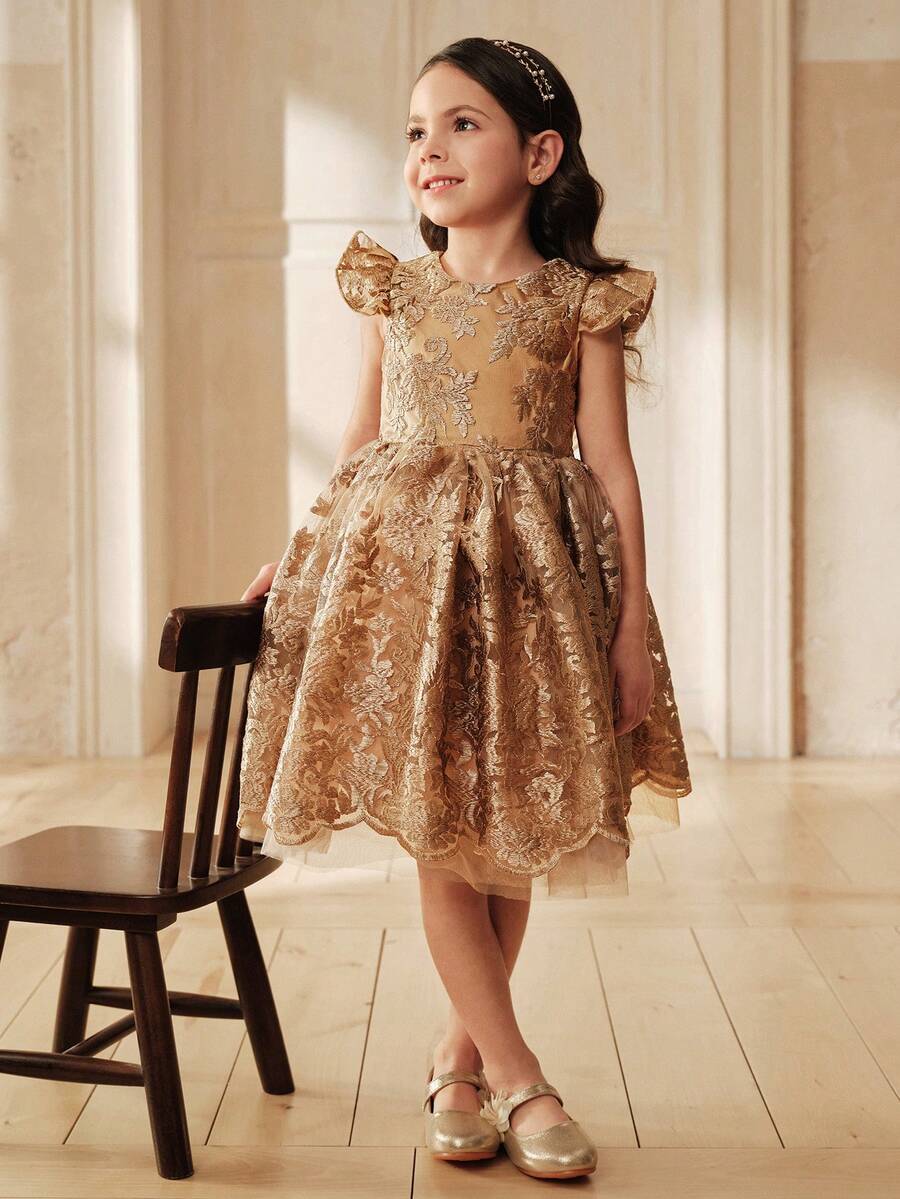 SHEIN Young Girl Lace Embroidery Round Neck Ruffle Hem A-Line Dress - Gold - View 1