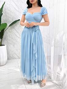 Feyla Nuevo vestido de cóctel elegante de línea A con cintura fruncida, volantes y flores 3D románticas - Celeste - Ver 5