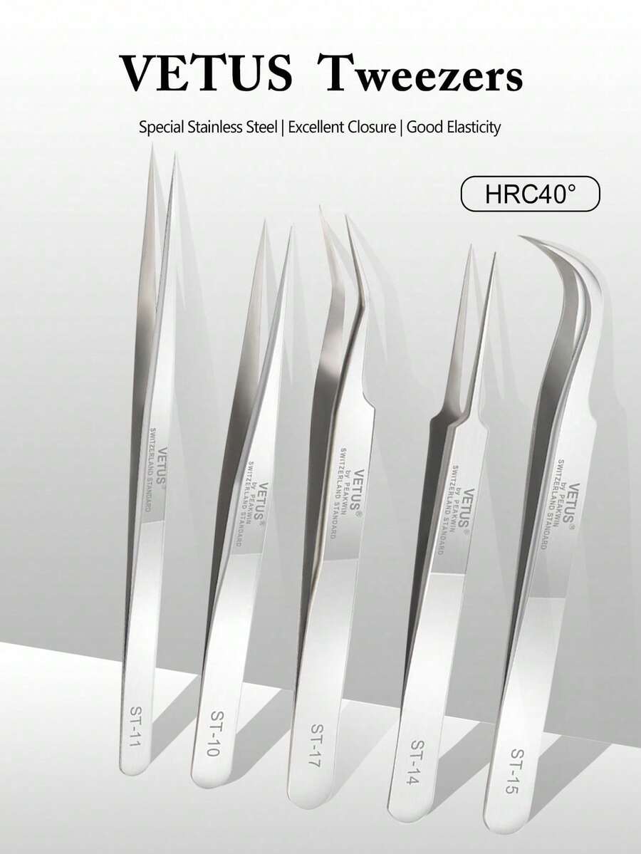 1PC Vetus ST Series Silver Pointed Tweezers, Stainless Steel Straight And Angled Tweezers For Eyelash Extensions, Available Models: ST-10/11/12/14/15/16/17 - Silver - View 1