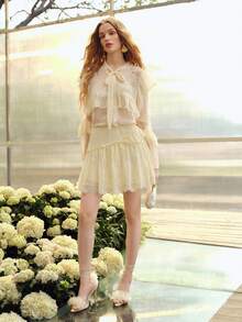 MOTF PREMIUM WOMEN'S LACE PATCHWORK TIE COLLAR LONG SLEEVE BLOUSE, SPRING/SUMMER - Apricot - View 6