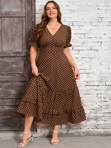 SHEIN Clasi Đầm mùa hè cỡ lớn kiểu dáng thường ngày in chấm bi, có bèo nhún. - màu nâu - Xem 3