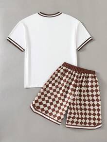 2pcs/Set Teen Boy Summer New Style Casual Outfit, White Short Sleeve Tee Paired With Burgundy Checkerboard Shorts, Campus Style Graduation Back-To-School - White - View 2