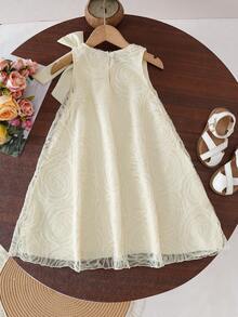 少女优雅时尚3D立体花卉网纱设计夏季连衣裙 - 杏色 - 查看 2