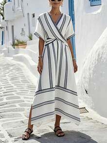 SHEIN Holidaya Summer New Arrival: V-Neck Chic Dress – Short-Sleeved, Contrast Wide-Narrow Striped, Relaxed Long Silhouette. This French Retro Piece Blends Vacation Charm With Office Elegance, Boasting A Slim-Flattering A-Line Cut Women Wrap Dress Summer Midi Summer Dress Women Vacation Dress Casual Summer Dress Striped Wrap Dress - Multicolor - View 4
