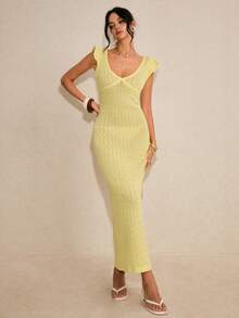 Poéselle New Slim-Fit Delicate French Style Knit Dress With Flutter Sleeves, Elegant & Intellectual, Light Yellow, Spring/Summer - Yellow - View 3