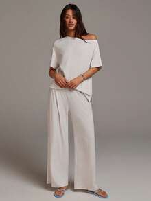 Athîral 2pcs Women Casual Oblique Shoulder Top And Pants Set - White - View 3