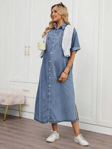 SHEIN 孕妇翻领纽扣口袋休闲日常牛仔短袖连衣裙 - 藍色 - 查看 1