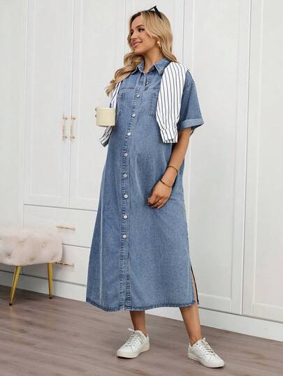 SHEIN 孕妇翻领纽扣口袋休闲日常牛仔短袖连衣裙