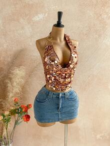 Soleia 女士圆领无袖时尚装饰环修身短款上衣 - 棕色 - 查看 8