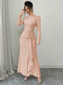 Elenzga 女士优雅时尚通勤魅力长袖不对称领收腰褶皱修身纯色纹理针织长裙 - 珊瑚粉 - 查看 6
