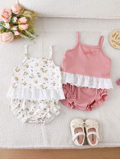 SHEIN 4pcs/Set Infant Girls' Floral Knit Strap Outfit, Made Of Soft Knit Fabric, Delicate Floral Pattern, Lace Trim Decor, Convenient Strap Design, Suitable For 6 Months - 3 Years Old Baby Girls, Summer
