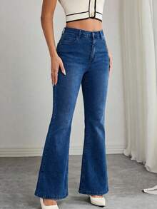 SHEIN Cottnline Plus Size Women Pockets Button Slim Fit Flared Jeans, Versatile For Daily Wear - Dark Wash - View 4