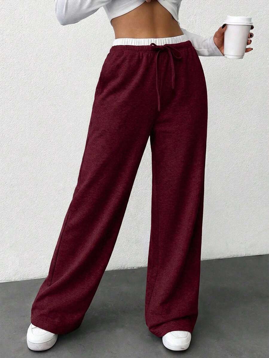 Women's Casual Everyday Lounge Airport Commute Fashion Street Sporty Contrast Color Elastic Waist Tie Front Loose Wide Leg Sweatpants Burgundy Fall - Burgundy - View 1