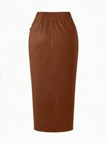 Femmeverse 大码女式法式复古休闲简约舒适日常百搭褶裥前开衩A字裙，高腰显瘦弹力腰高端性感优雅修身OL办公铅笔裙，秋冬款 - 棕色 - 查看 3