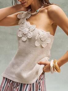 Bohemela Blusa sin mangas de punto con cuello asimétrico y decoración floral, estilo boho para primavera/verano, vintage, para mujer. Adecuado para vacaciones en la playa, uso diario, vuelta al colegio, salidas y fiestas. Estilo occidental y country para San Valentín, conciertos y fiestas. - Albaricoque - Ver 3