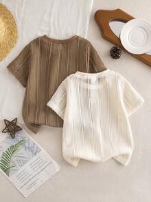 SHEIN 两件套男童亚麻休闲短袖T恤，纯色舒适上衣，适合夏季穿着，上学、度假皆宜 - 彩色 - 查看 2