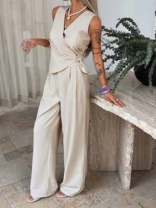 Livesso 纯色裹身侧结上衣和阔腿裤 - 米色 - 查看 3