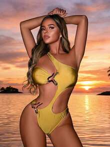 Swim SXY 26SS Women's Cute Summer Olive Green Shiny Metallic One-Piece Swimsuit, & Elegant Asymmetric Cutout Shoulder Beach Outfit For Vacation,Holiday - Mustard Yellow - View 3