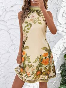SHEIN Clasi 女士热带印花不对称领迷你连衣裙，夏季女装，适合度假、下午茶、婚礼季、海滩游轮度假、城市公路旅行、波西米亚风度假、音乐节、沙滩装、复活节、女士海滩装、优雅女装、度假女装、音乐会女装、热带度假女装 - 彩色 - 查看 9