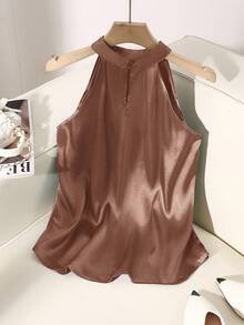 SHEIN Clasi 女士纯色立领无袖褶皱衬衫 - 駝色 - 查看 3