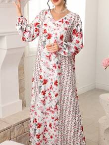 Yasmyna Floral Print Lantern Sleeve Kaftan Dress - Multicolor - View 1