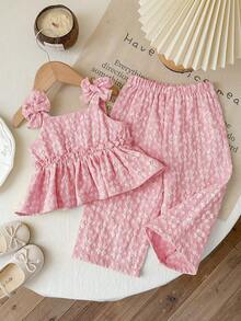 SHEIN LMoss Kids Bộ đồ gia đình đồng màu mùa hè nhiệt đới dễ thương màu hồng cho bé gái 2 món, áo tank top vải vân nổi và quần dài, set quần bèo nhún công chúa cho bé tập đi đi du lịch - Hồng - Xem 3