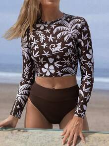 Swim SPRTY 女士夏季海滩度假随机印花吊带泳衣，长袖，短裤泳装，冲浪服 - 彩色 - 查看 3