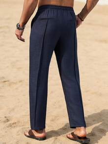 VENTUSAIL 男士抽绳腰带口袋休闲直筒裤，时尚百搭，适合通勤和外出穿着。男士休闲裤，街头风，男士抽绳裤，男士亚麻裤，男士藏蓝色裤子，复古风格，日常休闲，周末旅行，户外活动，探险旅行，轻松的工作环境或半正式场合，男友/丈夫礼物，周年纪念/生日礼物，派对，暑假，新年，婚礼，情人节。 - 藏蓝色 - 查看 2