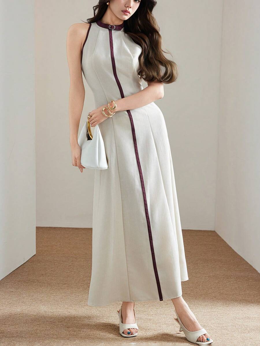 Heiryn Đầm dài không tay cổ tròn phối màu thanh lịch dành cho nữ, kiểu dáng tối giản.